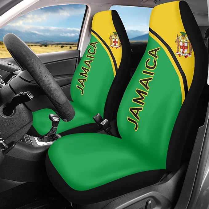 Howilath Jamaican Flag Pattern Universal Car Seat Covers/Steering Wheel Cover/Coasters/Seatbelt Pads/Keychain/Armrest Cushion, Auto Accessories 10pcs