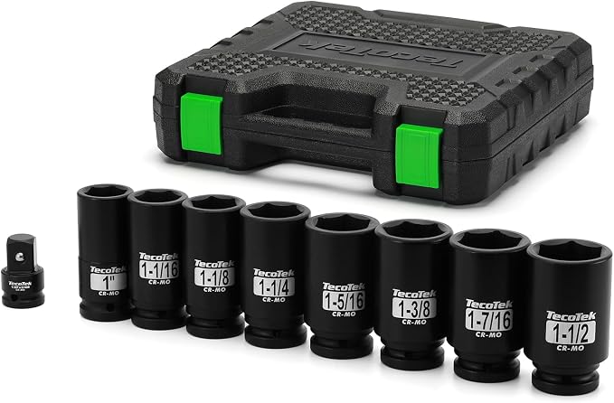 TecoTek 3/4" Drive Deep 6-Point Impact Socket Set, 9-Piece Jumbo Assortment, SAE, Cr-Mo, 1-Inch to 1-1/2-Inch Size, 1/2" F to 3/4" M Impact Socket Adapter