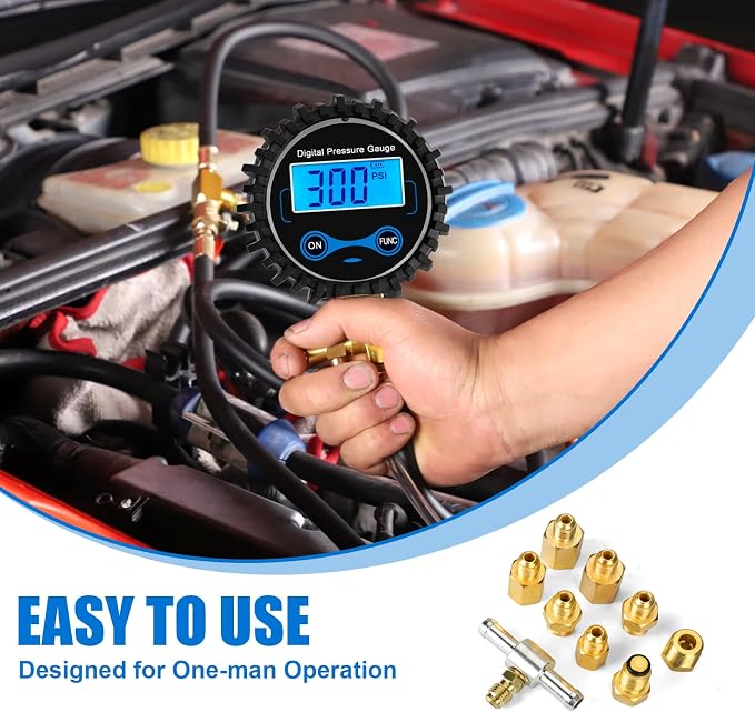 BETOOLL Digital Pro Fuel Injection Pressure Tester Kit Gauge 0-300 PSI with 9.49,7.89,6.30 Fuel Line Fittings