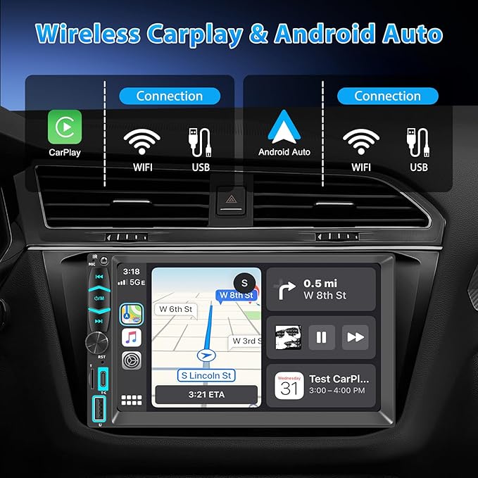 Double Din Car Stereo Radio Support Apple Carplay Android Auto, 7 inch HD Touchscreen Double Din Radio with Bluetooth, Car Audio Receivers, MirrorLink, FM Radio
