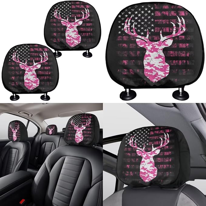 KEIAHUAN Camo Deer Hunting Car Seat Cover Set of 11 Pieces with Handbrake and Gear Shift Knob Cover,Steering Wheel Cover,Cup Coasters Auto Interior Accessories for SUV,Sedan,Truck,Van, Pink