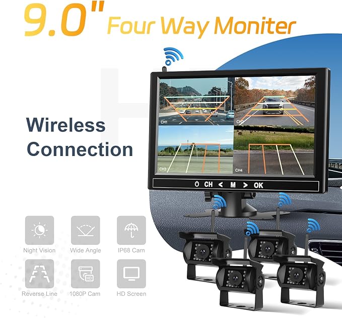 9 Inch Wireless Backup Camera System, Support up to 4 Cameras, 1080P HD 150° Wide Angle, IP68 Waterproof, 4 Split View, BSD Blind Spot Detection, 12-36V Wide Voltage for Truck RV Trailer Van
