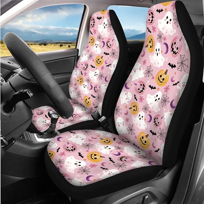 Cute Pink Halloween Print Car Seat Covers Full Set with Auto Steering Wheel Cover Auto Center Console Pad Seat Belt Covers Universal Fit SUV Truck Cars Halloween Decoratoions Gifts
