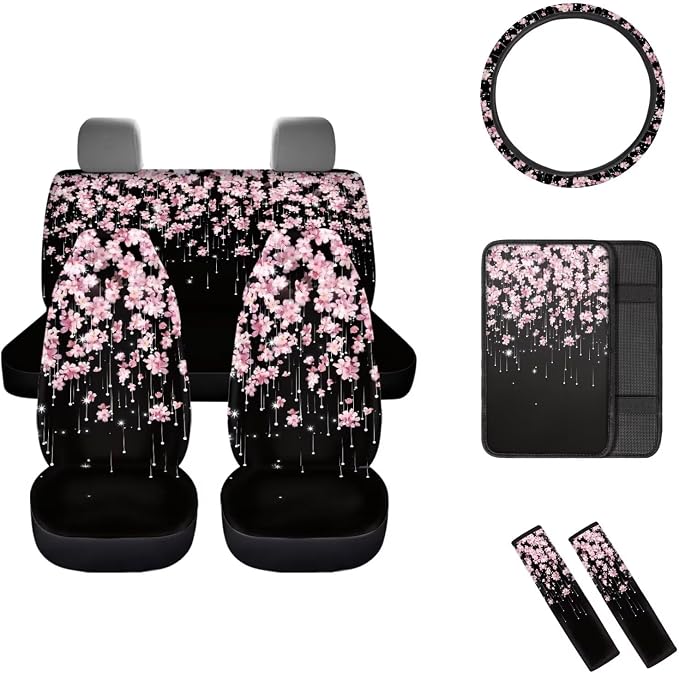 Mumeson Cherry Blossom Car Seat Covers Set with Steering Wheel Cover + Safety Seat Belt Pads + Armrest Cushion Pad for Car 8 Pack Car Accessories Decor for Womens
