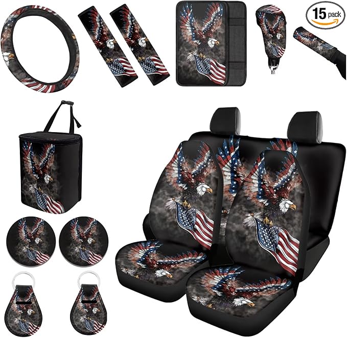 Forchrinse American Flag Bold Eagle Car Seat Covers Steering Wheel Cover Armrest Seatbelt Pads Cup Holder Keychain Gear Handbrake Cover Trash Can for Men Women Patriotic Auto Interior Set 15Pack