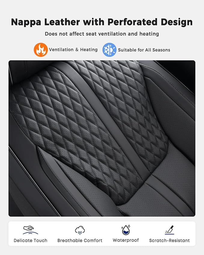 Huidasource Front Seat Covers, Luxury Nappa Leather Car Seat Covers Front Seats with Airbag, Lumbar Support, Cooling＆Heating, Seatbelt Buckles, Driver Seat Cover Fit for Most Cars SUV Trucks, Black