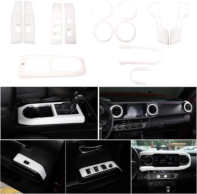 Lcojicep 14PCS Full Set Interior Decoration Trim Kit Compatible with Toyot@ Tacoma 2016-2022 Central Control Dashboard Frame Cover Shift Knob Cover Air Vent Trim Cover Window Button Cover (White)