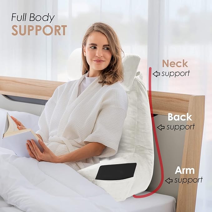 Nestl Reading Pillow with Shredded Memory Foam Includes 2 Neck and Lumber Support Pillows, Designed for Sitting Up in Bed and Couch, Back and Arms Adjustable Support for Adult & Teens, White