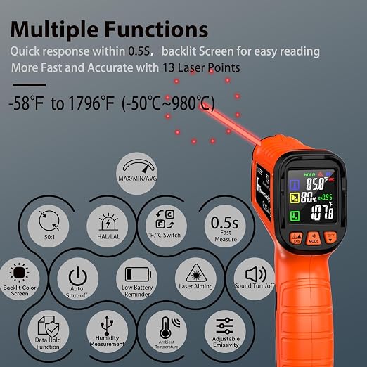 -58°F to 1796°F Infrared Thermometer Gun, Dual-Mode 16:1 | Surface & Internal Temperature Reading，Includes Portable Holster，Humidity & Ambient Temperature Display