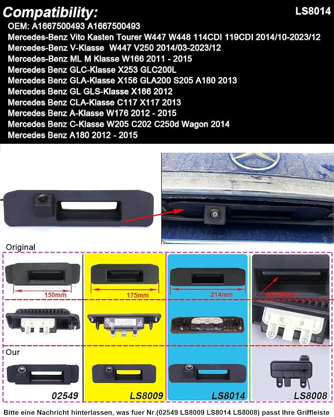 1280 * 720pixel Rear View Camera IP68 Waterproof Car Trunk Handle Backup Camera for Mercedes Benz Vito Kasten Tourer W447 W448 114CDI 119CDI V-Klasse W447 V250 M Klasse W166 (LS8014=214 * 52mm)