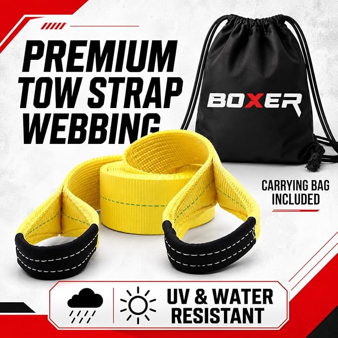 BoxerTool BXT Recovery Tow Straps 4" X 20' - Heavy Duty Reinforced Loops Emergency Off Road Towing Rope and Winch Extension - Box Truck - Commercial Vehicle - Off Road