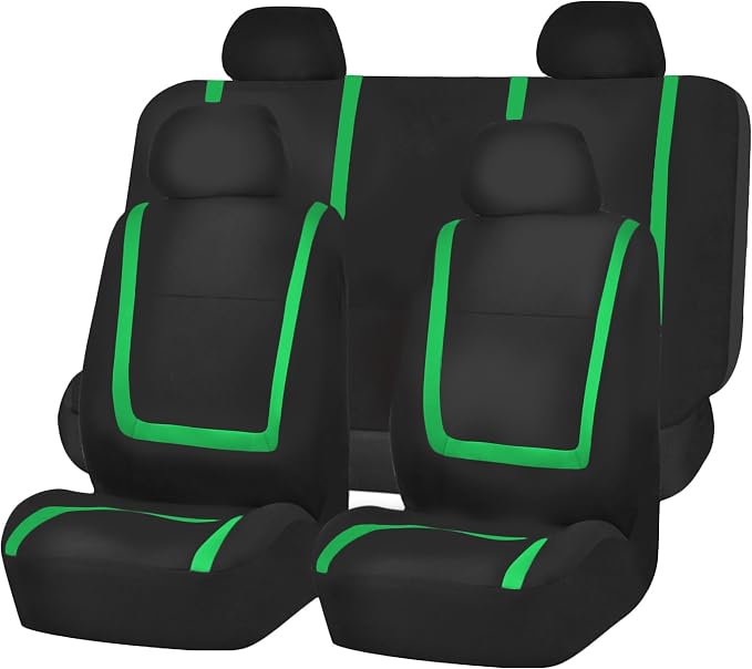 FH Group Automotive Seat Covers Unique Flat Cloth Green Full Set, Combo Steering Wheel Cover and Seat Belt Pads Rear Solid Bench Universal Fit for Vans Cars Trucks and SUV Interior Accessories