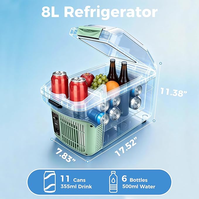 Iceblue Electric Cooler with Type-C, 8 Liter /11 Cans Mini Fridge with Belt, 9V Type-C Thermoelectric Dual-use Car Refrigerator, Car Fridge for Car, Dorm, Travel, Picnic, Gift (Green)