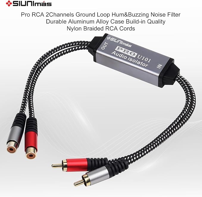 Pro U101 Mini RCA Passive Ground Loop Noise Isolation Box Build-in Nylon Braided Cords Audio Noise Filter for Home/Car/Official Audio Playing Systems Hum/Buzzing Problems