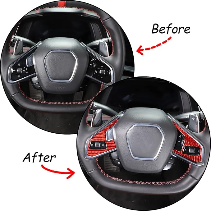 Steering Wheel Button Cover Compatible with Chevrolet Corvette C8 2020-2023, Steering Wheel Frame Trim, Car Steering Wheel Panel Protection Frame Molding Sticker (Red soft carbon fiber 3 holes)