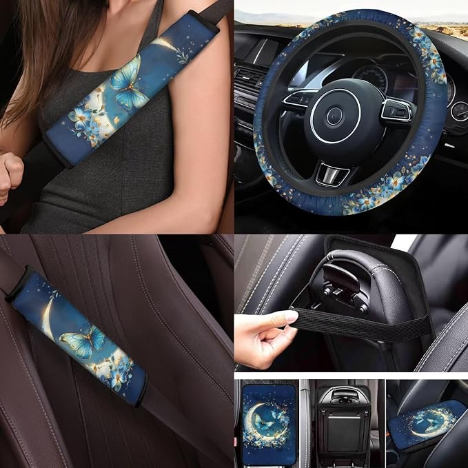 Butterfly Car Accessories Set 17 Pack Stars Moon Butterfly Car Seat Covers Full Set with Car Mats Full Set,Cup Coaster,Center Console Cover,Seat Belt Shoulder Pad,Lip Balm Keychain Holder