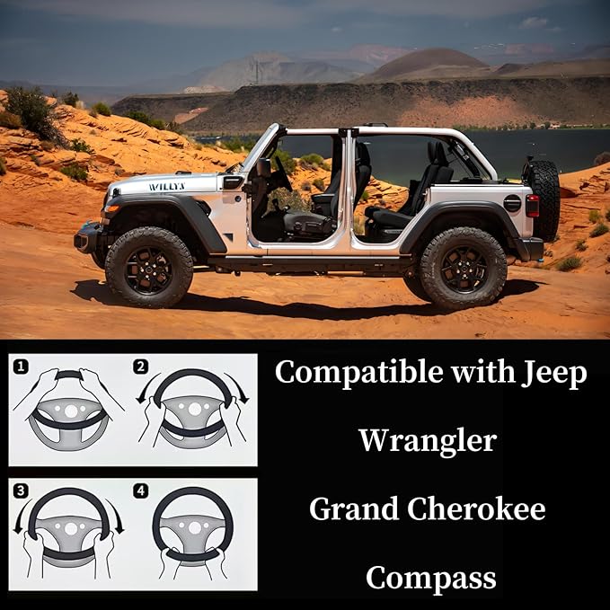 Yangday Leather Steering Wheel Cover for Jeep Wrangler Grand Cherokee Compass, 14.5-15 inches Car Steering Wheel Cover with Non-Slip Breathable (Red)