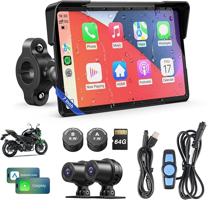 WonVon Motorcycle CarPlay Screen with Android Auto – 7” Waterproof GPS, Pantalla para Moto, Apple CarPlay, Navigation System for Motorcycle, Dual 4K Dash Cam Bluetooth Audio, BSD & TPMS