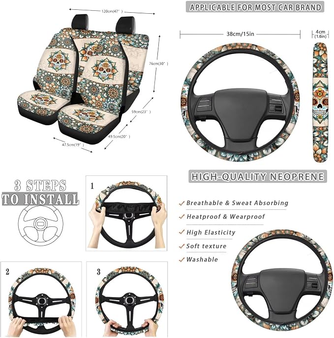 Suobstales Boho Mandala Sugar Skull Print Car Seat Covers Set of 13 with Universal Steering Wheel Cover, Rearview Mirror Cover, Car Trash Can, Seatbelt Pads, Cup Holder Coasters, Keychains