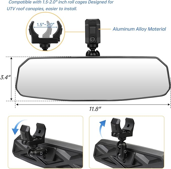 UTV Universal Rear View Mirror for 1.5-2.0 Inch Roll Cage, Compatible with Polaris RZR、Can am Maverick、Honda Pioneer Talon SXS、Kawasaki Mule KRX、Yamaha Wolverine YXZ、Kubota RTV、CF Zforce、Gator