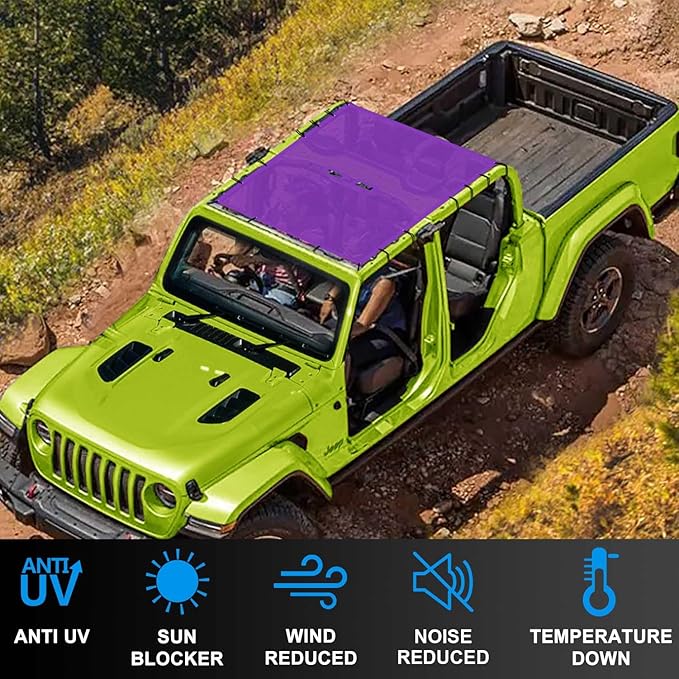 JT Top Sun Shade Roof Compatible with Jeep Gladiator 4 Door 2018 to 2023 Sunshade Sunroof Bikini Cover Blocks UV Wind Noise Purple Mesh for Full Length