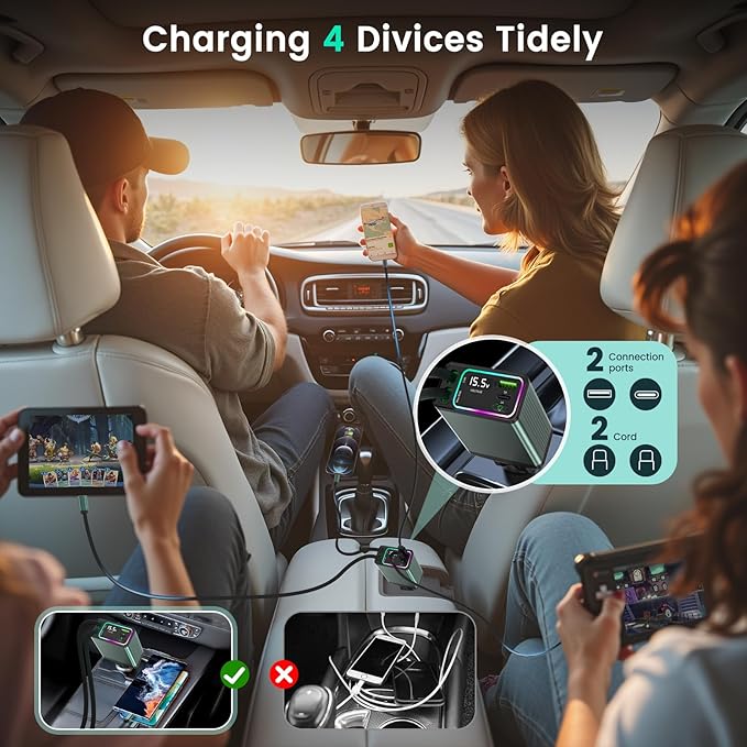 4-in-1 Retractable Car Charger, Dual Type-C with 2.62ft Cords & Dual USB Ports, Fast Charging Adapter, Road Trip Essentials and Travel Gifts for iPhone 16/15/14/13/12, iPad, Galaxy, Pixel