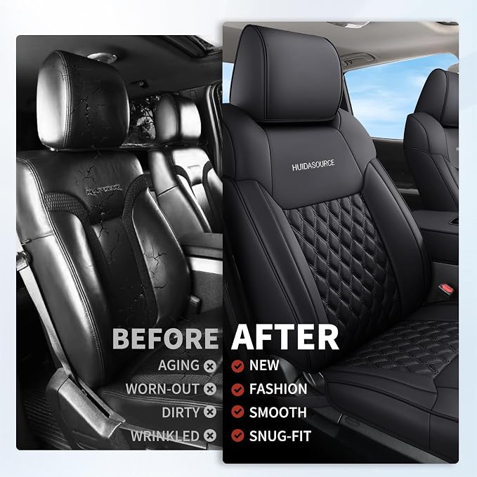 Huidasource Car Seat Covers for Dodge Ram, Front & Rear Full Set Waterproof Leather Pickup Truck Seat Cushion Protector Custom Fit for 2019-2025 RAM 1500 2500 3500 Crew/Mega Cab(Full Set/Black)