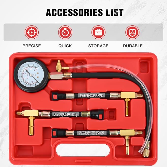 Nilight Fuel Pressure Gauge Tester Kit with Quick Connected Hose, 0-100 PSI Fuel Pressure Tester Tool with 6.30 7.89 9.49 Fuel Line Fittings, 4PCS