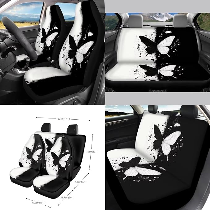 Butterfly Print Car Seat Covers Full Set with Accessories Music Note Print Car Front and Rear Seat Covers Steering Wheel Cover Safety Belt Pads Inside Rearview Mirror Cover