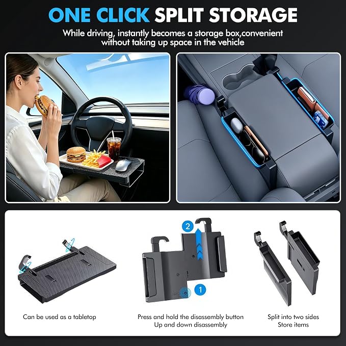 2-in-1 Car Steering Wheel Table Tray & Seat Gap Filler Storage, Foldable Carbon Fiber Style Tray for Laptop, Dining & Writing, Fits Standard Round Steering Wheel