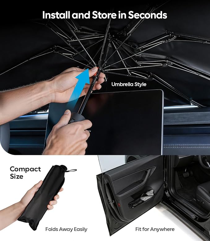 Wigoo Windshield Sun Shade Umbrella for Tesla Model 3 [100% Sun Blockage, Ice Cooling Fabric] Reflective Heat Insulation, Foldable Front Window Sunshade Umbrella for Tesla Model 3 2017–2026