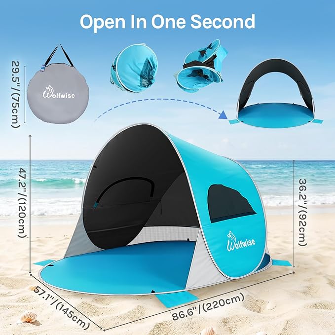 Wolfwise Pop up Beach Tent Sun Shelter with UPF50+ UV Protection, Instant Easy Setup Popup Beach Shade Canopy for 3 Person, Portable & Foldable with Carring Bag, 87 ×57×47 in, Black Coating