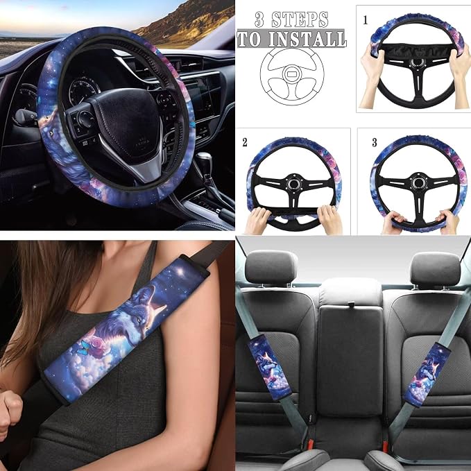 Tupalatus Purple Wolf 9 Pcs Cute Car Seat Covers with Steering Wheel Cover Auto Seat Belt Cover Coasters Gear Shift Cover Hand Brake Cover Car Accessories Set for Men