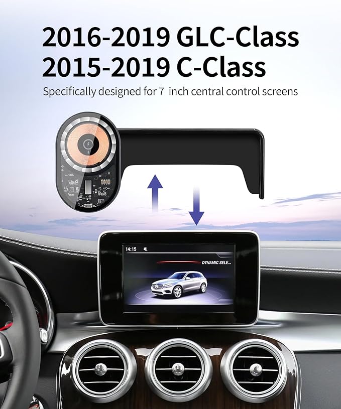 Wireless Charging Car Phone Holder for Mercedes Benz GLC-Class 2016-2019 / C-Class 2015-2018, 7" Screen Fixed Clip, 360° Rotation Car Phone Mount Compatible with MagSafe