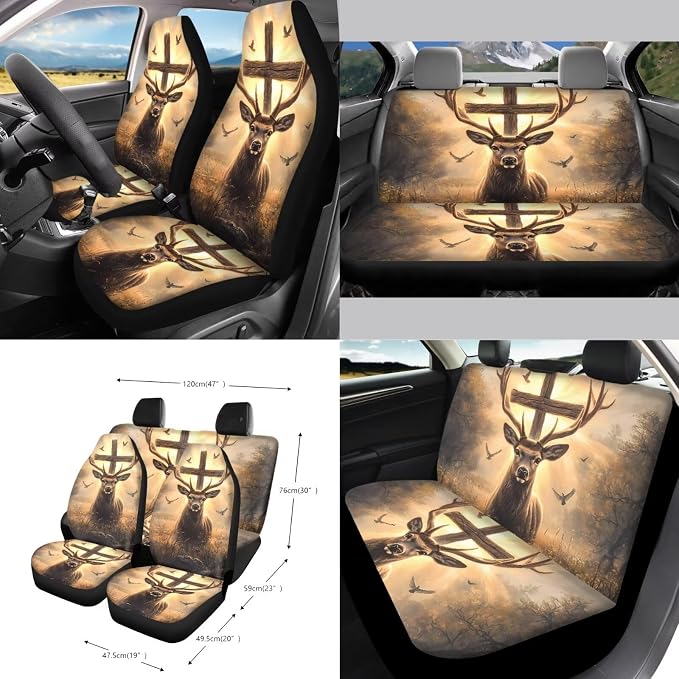 Wild Deer with Cross Print 15 PCS Car Accessories, Universal Auto Seat Protector Steering Wheel Cover Seatbelt Strap Covers Trash Can Cup Holders Rearview Mirror Cover Keychain