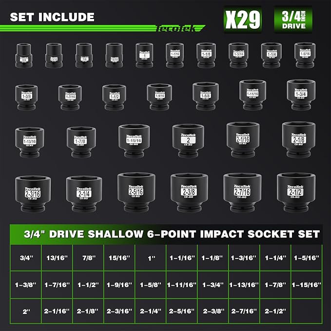 TecoTek 3/4" Drive Shallow 6-Point Impact Socket Set, 29-Piece Jumbo Assortment, CR-MO, SAE, 3/4 inch - 2-1/2 inch, Heavy Duty Storage Case