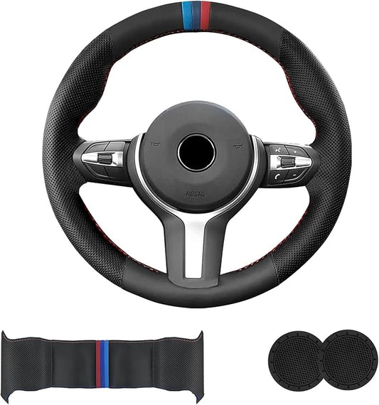 Microfiber Leather DIY Steering Wheel Cover for BMW X5 X2 M F85 X6 M F86 M Sport F30 F33 M3 F80 M4 M5 F82 M2 F87 M6 F12 F13 Accessories, Hand Stitched Full Wrap Steering Wheel Protector (Black)