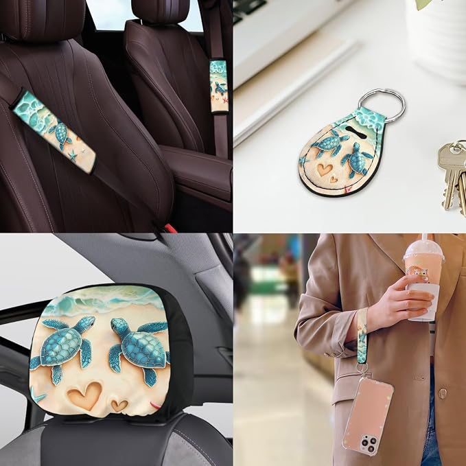 Beach Sea Turtl Car Seat Covers Full Sets 18 Pack Universal Car Interior Accessories Sets Sea Turtle Steering Wheel Car Covers Anti Slip Cute Car Trash Can Car Headrest Covers Seat Belt Cover