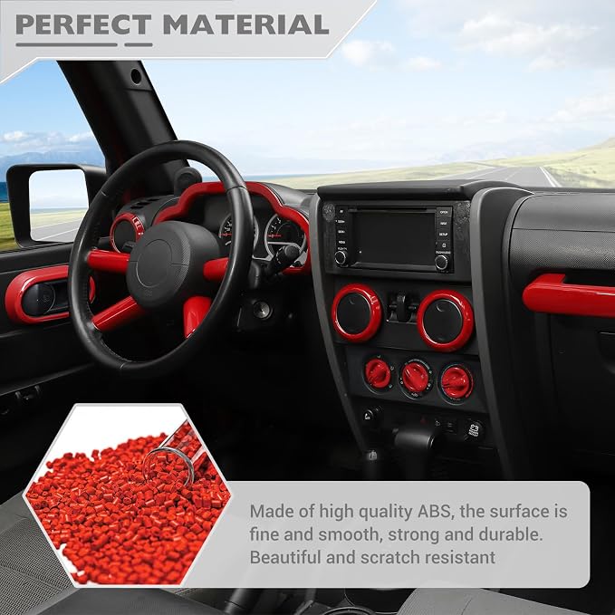 JeCar 18pcs for Jeep Wrangler Interior Trim Kits Red Interior Accessories for Jeep Wrangler JK JKU 2007-2010 Sahara Sport Rubicon