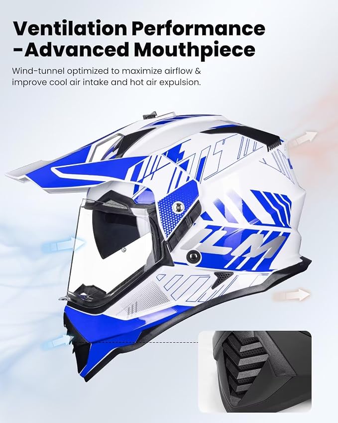 ILM Dual Sport Adventure Motorcycle Helmet with Pinlock Compatible Sun Visor Snowmobile ATV Dirt Bike Off Road Casco Model WS902 (Blue White, 2XL)