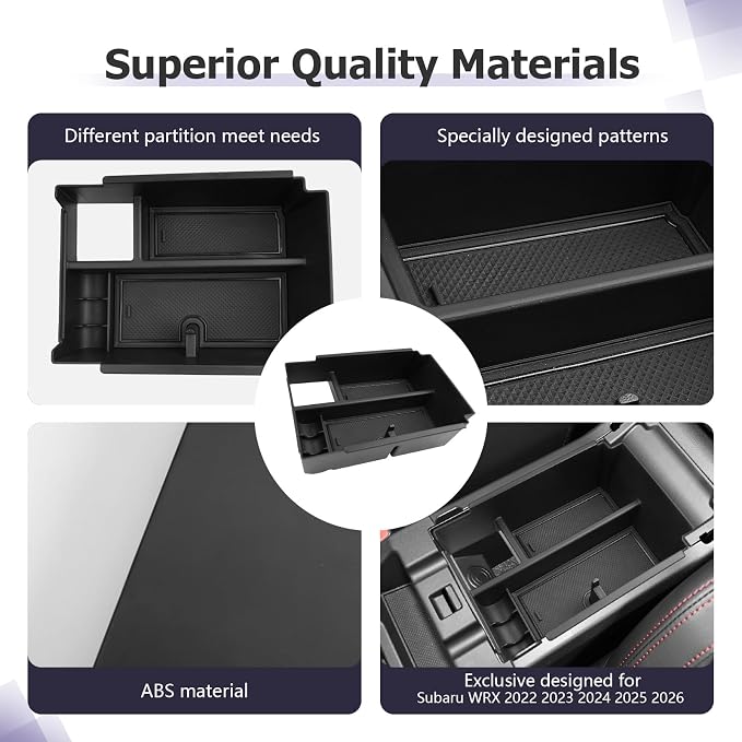 LUWU Center Console Organizer Compatible with 2022-2024 2025 2026 Subaru WRX Accessories Armrest Console Secondary Storage Box Insert Tray ABS Material Black (CVT Automatic Performance Transmission)