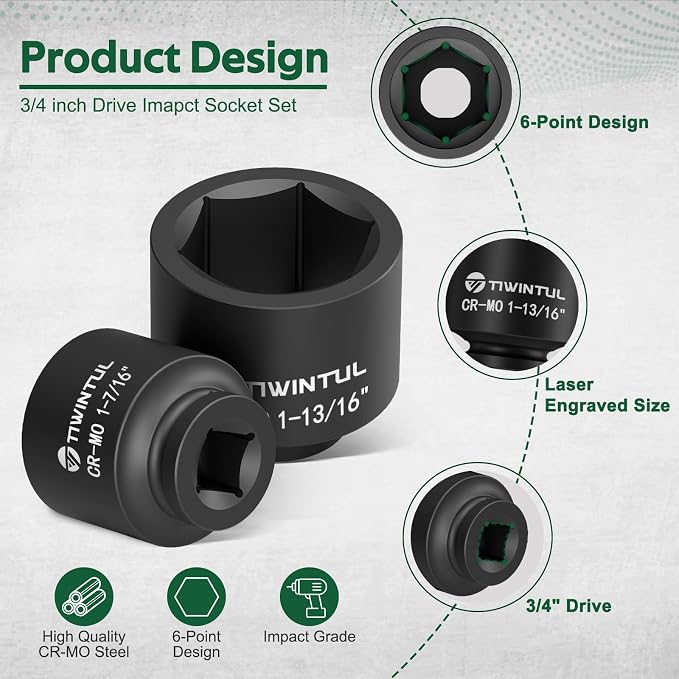 3/4" Drive Shallow Impact Socket Set, 16PCS SAE (3/4" to 1-13/16") | 13/16" Square Socket, 6-Point, Heavy Duty Impact Socket Set with 1/2" F to 3/4" M Adapter for Auto, Truck, Large Equipment