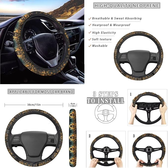 Xoenoiee Wolf Sunflower Moon Pattern 11 Pcs Universal SUV Car Seat Covers Auto Interior Accessories Full Set with Steering Wheel Covers, Seat Belt Pads, Key Chain, Car Cup Mat