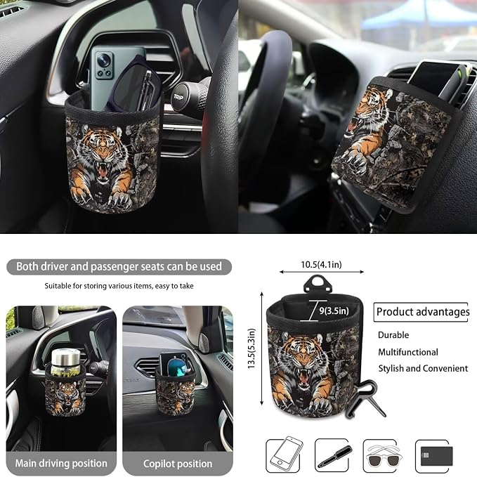 Tiger Forest Camo Pattern Auto Seat Covers Full Set, Car Interior Decor Set of 10 Steering Wheel Cover Cup Coasters Car Trash Can Air Vent Pounch Bag Keychain Universal Fit for SUV Truck Van