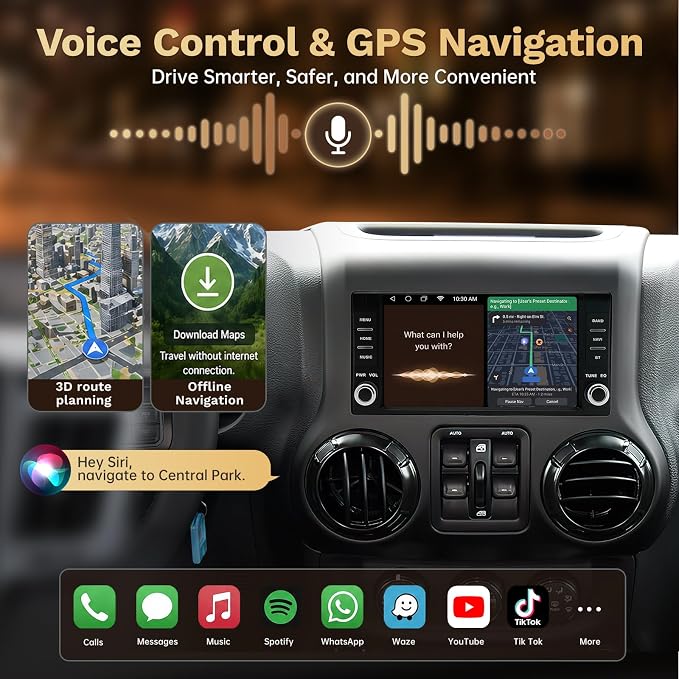[4G+64G] Car Radio for Jeep JK Wrangler 2007-2017: 7" HD Touch Screen Stereo with Wireless CarPlay Android Auto 5G WiFi Bluetooth GPS FM 32EQ SWC, Free Backup Camera
