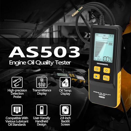 Engine Oil Tester AS503 Gasoline & Diesel Engine Oil Quality Tester Kit Professional Engine Oil Diagnostic Tool for Test Transmittance and Temperature with High-Precision,31.5 inch Flexible Probe