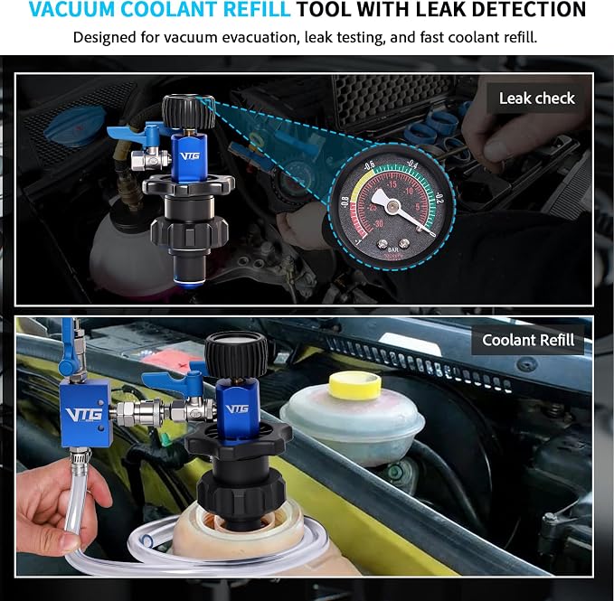 VTG VOGTEN Coolant Vacuum Refill Kit,15PCS Vacuum Coolant Fill Kit with Leak Detector,6 Adapters,Cooling System Vacuum Fill Tool with Dual-Movement Gauge,for Pressure Testing,Leak Detection