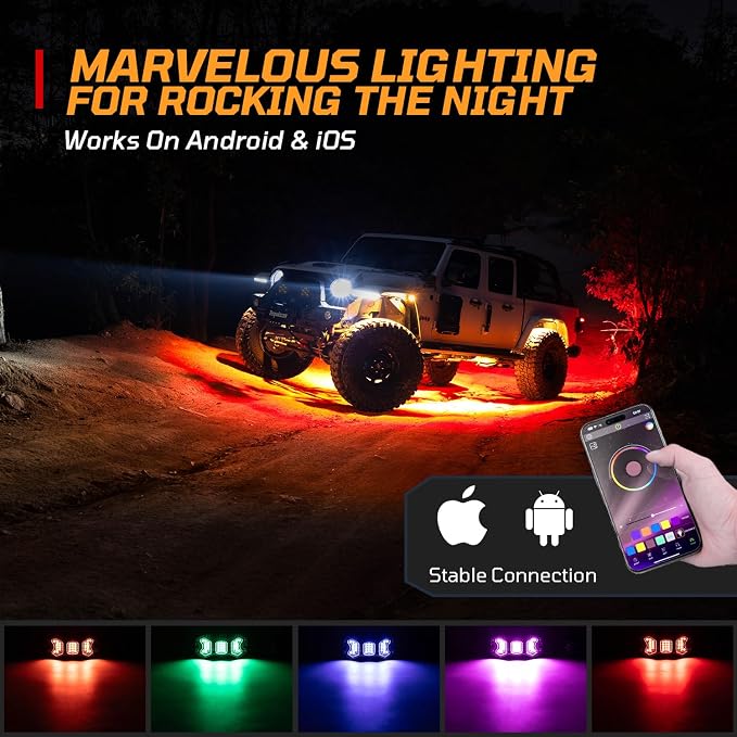 16 Million Color Rock Lights for Trucks - APP & RF Controlled RGBW Underglow LED Kit, 180° Wide Beam Aluminum Pods, 20 Dynamic Modes with Music Sync, Waterproof for UTV/ATV/Jeep/RV (4 Pods)