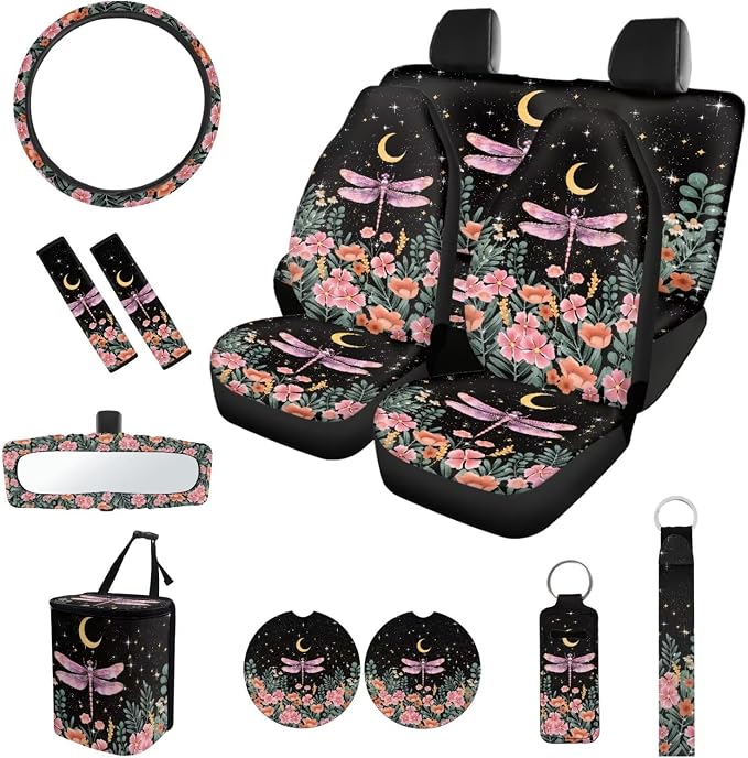 Dragonfly Print Car Seat Covers Full Set with Steering Wheel Cover Auto Seat Belt Cover Car Trash Can Car Rear View Mirror Cover Car Coasters Chapstick Holder，12 Pieces