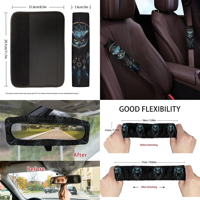 Suobstales Owl Dreamcatcher Print Car Seat Cover Interior Accessories Set of 13, Steering Wheel Covers, Car Trash Can, Seatbelt Cover, Coasters, Keychains, Rearview Mirror Cover for Truck SUV Sedan